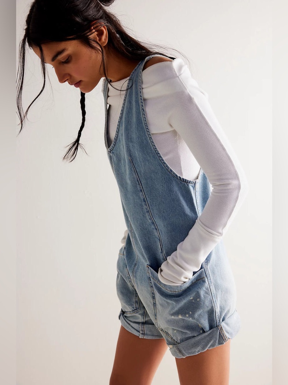 NWT Free People High Roller Denim Shortalls Size XS Bright Eyes Blue Overalls - Picture 2 of 7